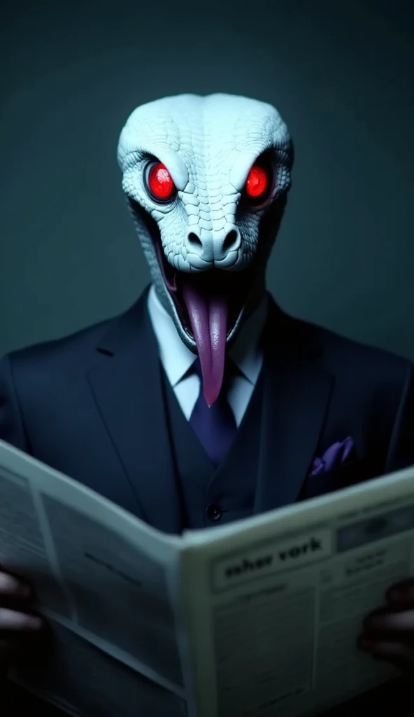 eerie white snake head, red smoke eyes, A scene where a man in a suit with his purple tongue sticking out. opens a newspaper and has a scary atmosphere. 4K, Highest quality, hyperrealistic, Professional Level, vivid color style image. dark atmosphere, dreary background, Shadow effect, cool color palette.