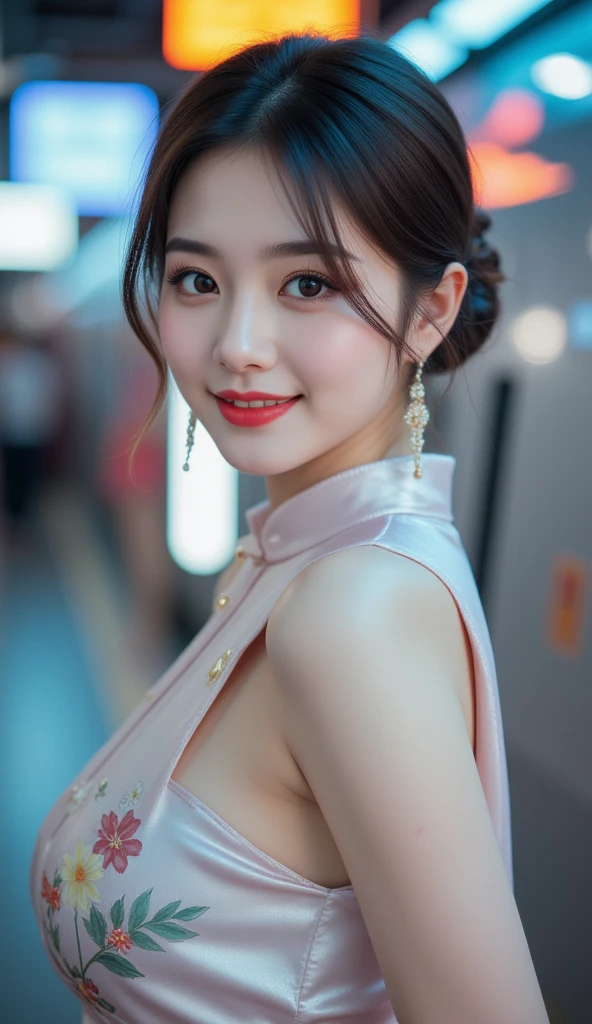 Tabletop, Highest quality, shape, Very detailed, finely, High resolution, 8k wallpaper, 完璧なダイナミックな構shape, Beautiful and detailed,ランダムなcute髪,,Natural color lip, Bold sexy pose,smile、20-year-old girl、cute、Looking into the camera,Always blur the background,Perfect and beautiful face,Slim face and figure,Big eyes、Putting on gal makeup,Small face,Shooting from below、smile,Blurred Background,Elegant feminine face、Cyberpunk Fashion、smile、Cosplayers（Fully embroidered side slit tight long length Chinese dress）
