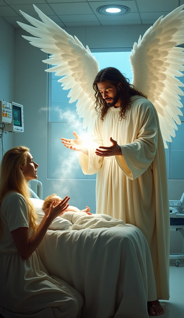 there is a woman lying on a bed with a halo above her head, anjo protecting woman, glowing anjoic being, Astral projection, anjo protecting man, she is arriving heaven, quality Astral projection render, anjo, anjoic light, obra-prima de luz brilhante, Divine ray over your head, luz celestial, brilho celestial, ethereal anjoic being of light, biblical accurate anjo, queen of heaven