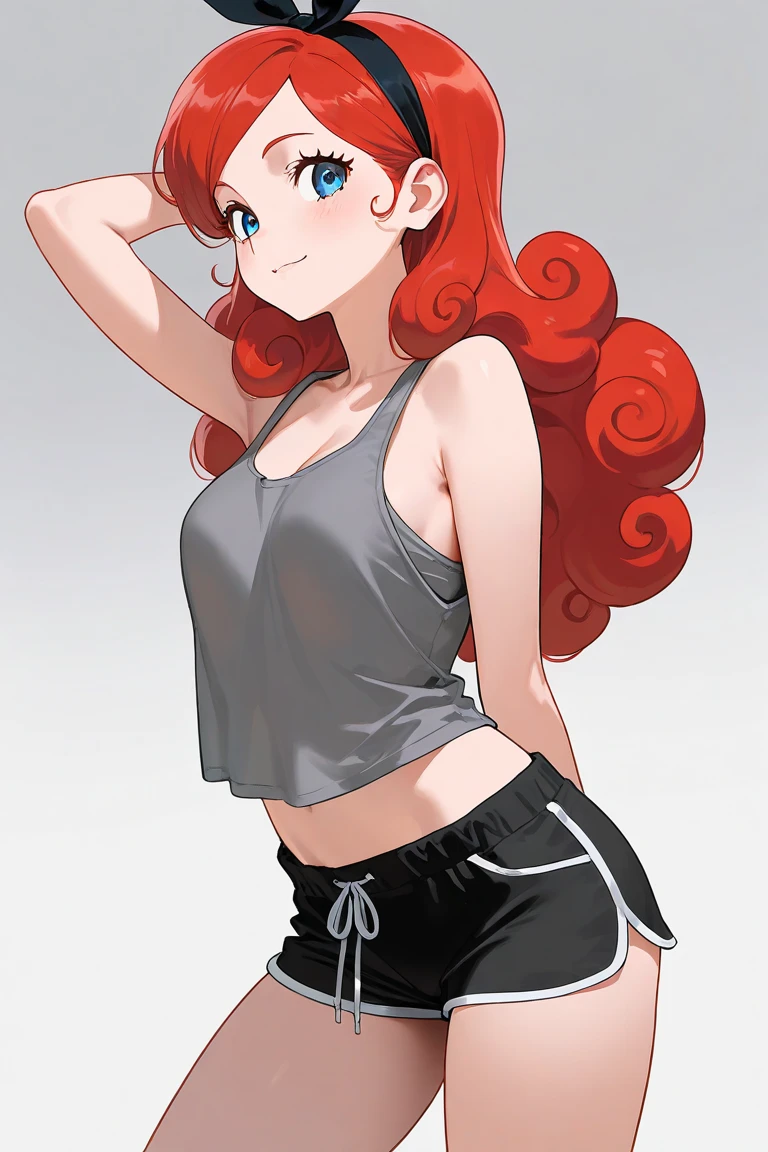 Ranmachan, cabello rojo, Cabello con trenza, ojos azules, ojos detallados, cuerpo completo, Crop Top Overhang, top blanco, top transparente 