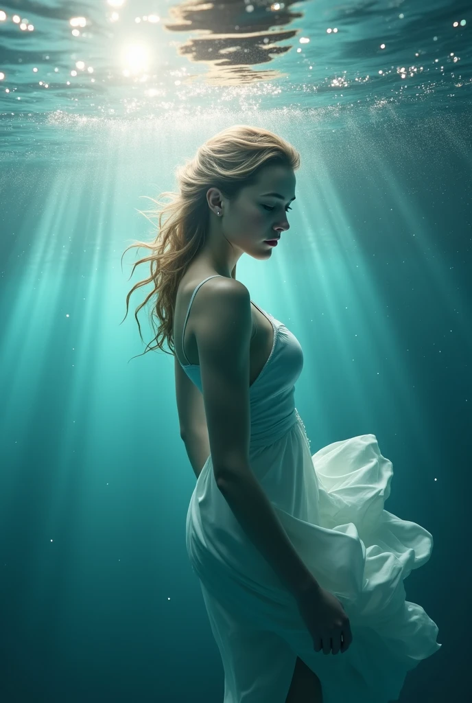 (masterpiece:1.2), best quality,(HDR:1.4),High detail RAW color photo professional, highly detail face: 1.4, a detailed portrait of a woman floating underwater wearing long flowing dress, nymph style, amazing underwater, detailed skin, wet clothes, wet hair, see-through clothes, lens flare, shade, tindal effect, lens flare, backlighting, bokeh