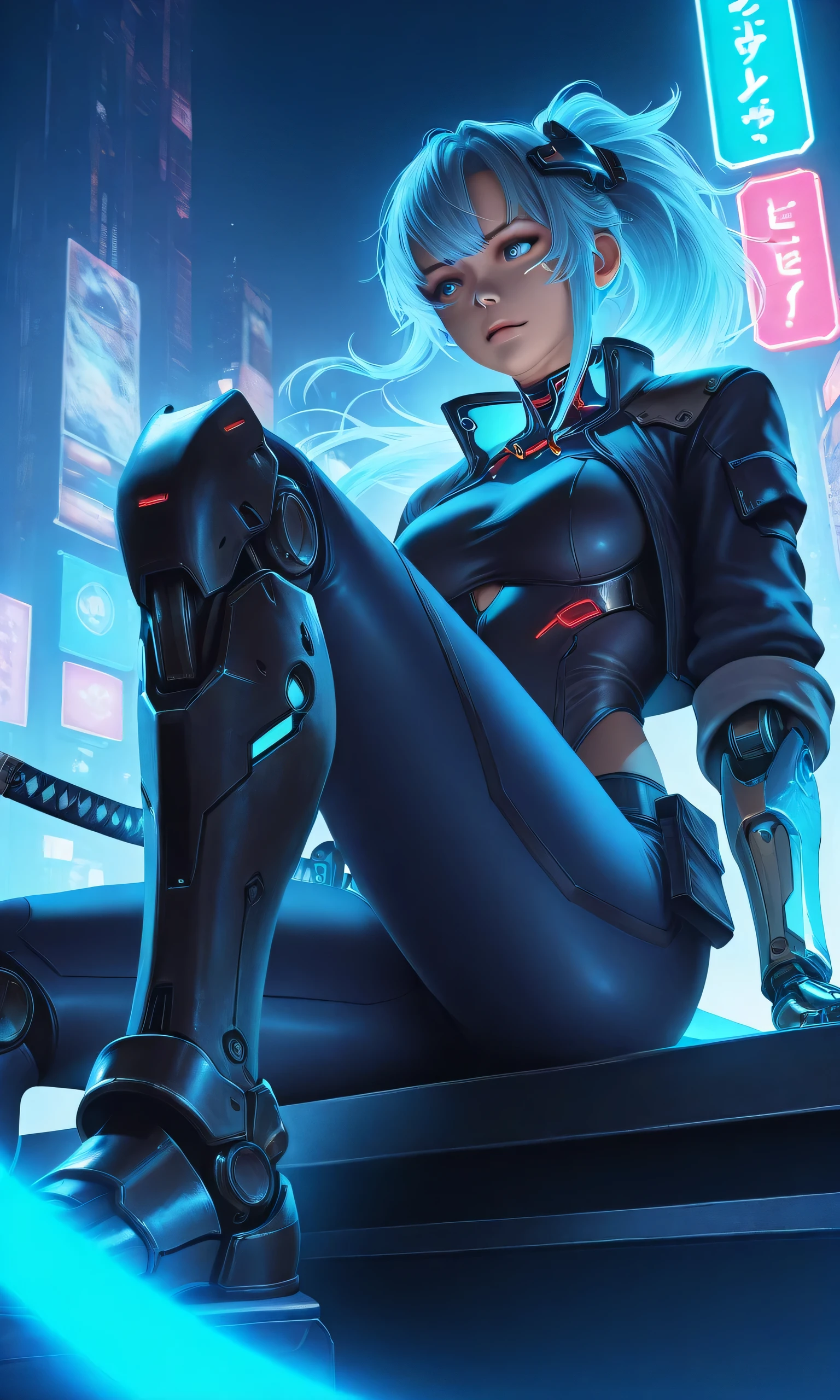 1girl,solo,((prosthetic hand)),sitting,(blue light),dragon claw,((low view)),katana cyber sword,detailed face,intense gaze,cyberpunk style,neon city background,dynamic lighting,glowing energy,4k,8k,photorealistic,ultra-detailed,studio lighting,physically-based rendering,vibrant colors,cinematic,(detailed face and eyes),