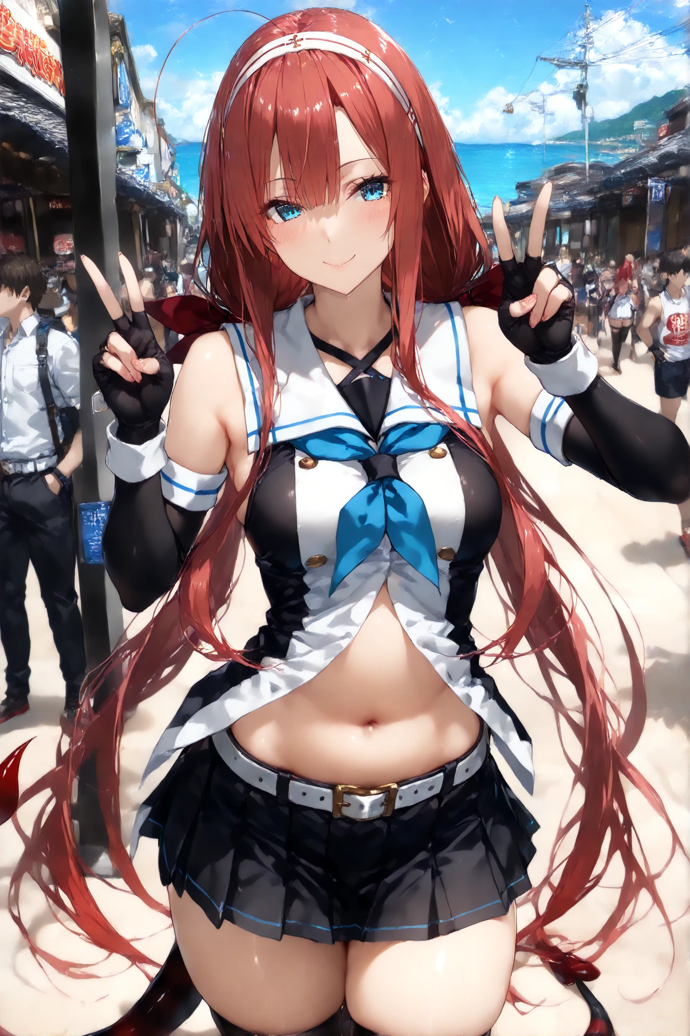 Kawakaze - Kantai Collection
score_9, score_8_up, score_7_up, score_6_up, score_5_up, score_4_up, Deep Skin , radiant skin, skindentation, , anime style that is close to the face and chest, (shining eyes, A more beautiful face), (of the best quality, masterpiece, 8k:1.2), Super Detail, high image quality, (anime:1.2), 1 girl, solo, 1 girl, detailed background, ,full body, slender body, thin waist, nsfw, detailed background, Shiny Skin, , Kawakaze, long hair, red hair, blue eyes, stupid hair, rose tail, very long hair, white hairband, red_hair_ribbon, monochrome sleeveless shirt, Fingerless Gloves, Black Elbow Gloves, White Belt, blue neckerchief, stomach, belly button, black skirt, cowboy shot, look at people watching, outdoor, smile, peace sign, From the above, Across the Ocean, five fingers