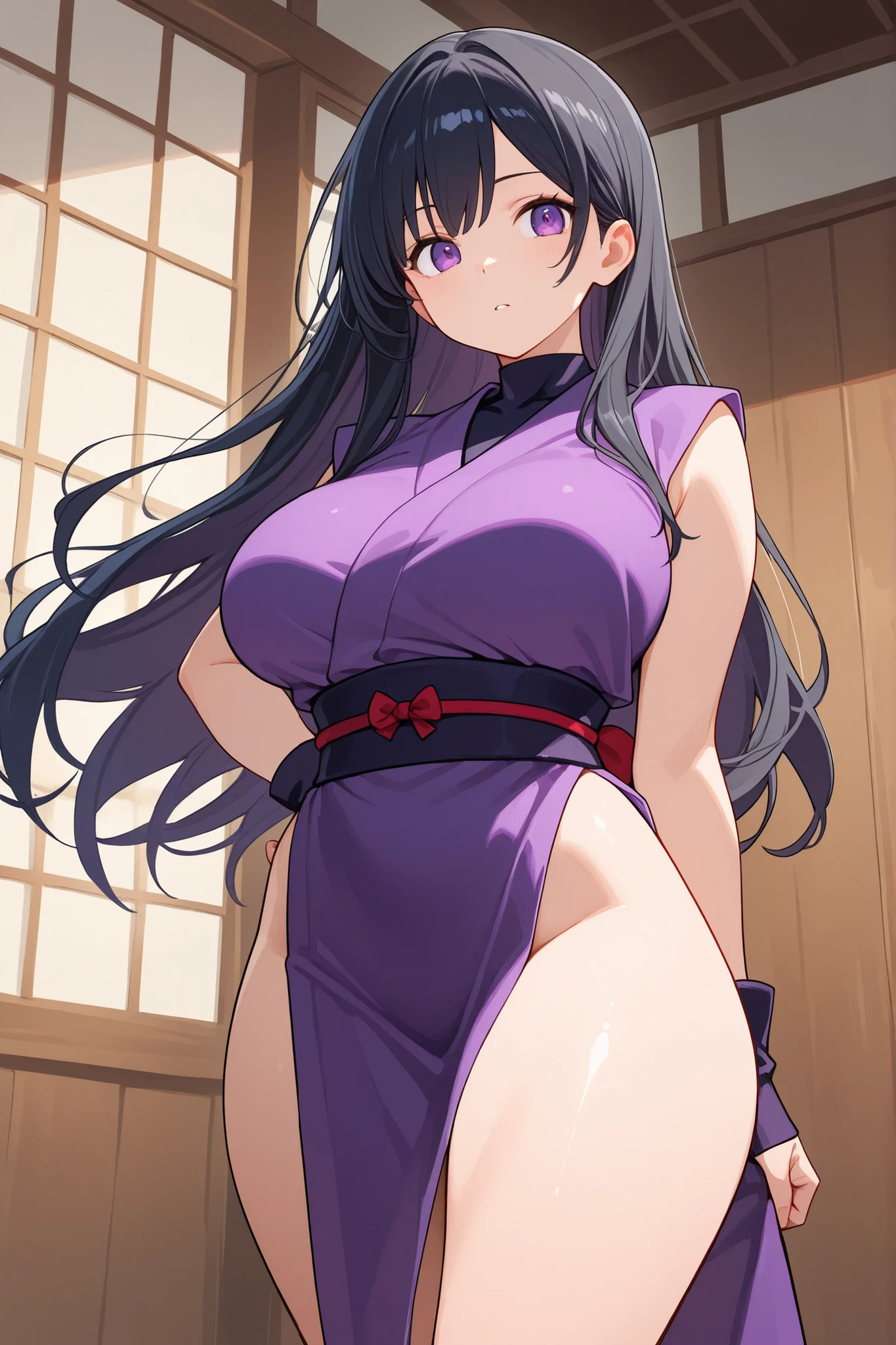 A beautiful girl with a cheerful face with black hair in two cute braids with ribbons, wearing a white shirt with a brownish red robe and a purple necklace, long sleeves the same color as the robe and a skirt the same color as the robe, wearing black knee-length socks, and wears white boots with slightly high heels, has blue eyes like the color of the sea, gives the impression of being in a kingdom with bodyguards