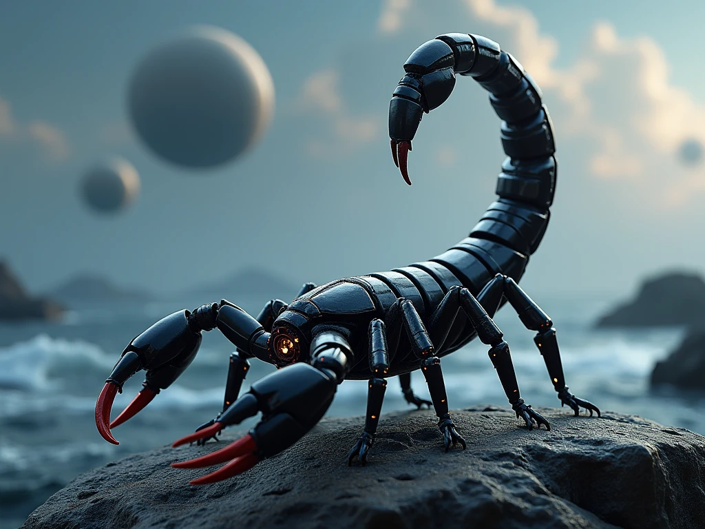 "A large scorpion is positioned in the center of a desert scene, with vast rolling sand dunes in the background. The scorpion has a realistic and menacing appearance, its claws extended, and its tail curled upward. The desert stretches into the horizon under a soft blue sky. Above the scorpion, a large, floating in the center of the image. The scene gives off an intense and desolate atmosphere, emphasizing the power of the scorpion."