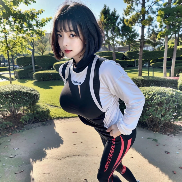 (((masterpiece))),(((High resolution)))、(((8K)))、(((perfect face)))、(((beauty of japan)))、30 years old、(((beautiful face))), (white tights), (sport wear), embarrassed look, look at the camera, thighs、top quality eyes, detailed texture, look at the camera