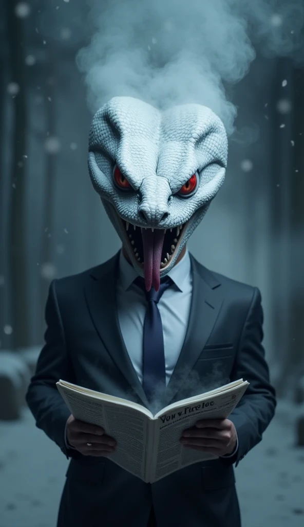 eerie white snake head, Red eyes , Smoke comes out of the snow, A scene where a man in a suit with his purple tongue sticking out. opens a newspaper and has a scary atmosphere. 4K, Highest quality, hyperrealistic, Professional Level, vivid color style image. dark atmosphere, dreary background, Shadow effect, cool color palette.