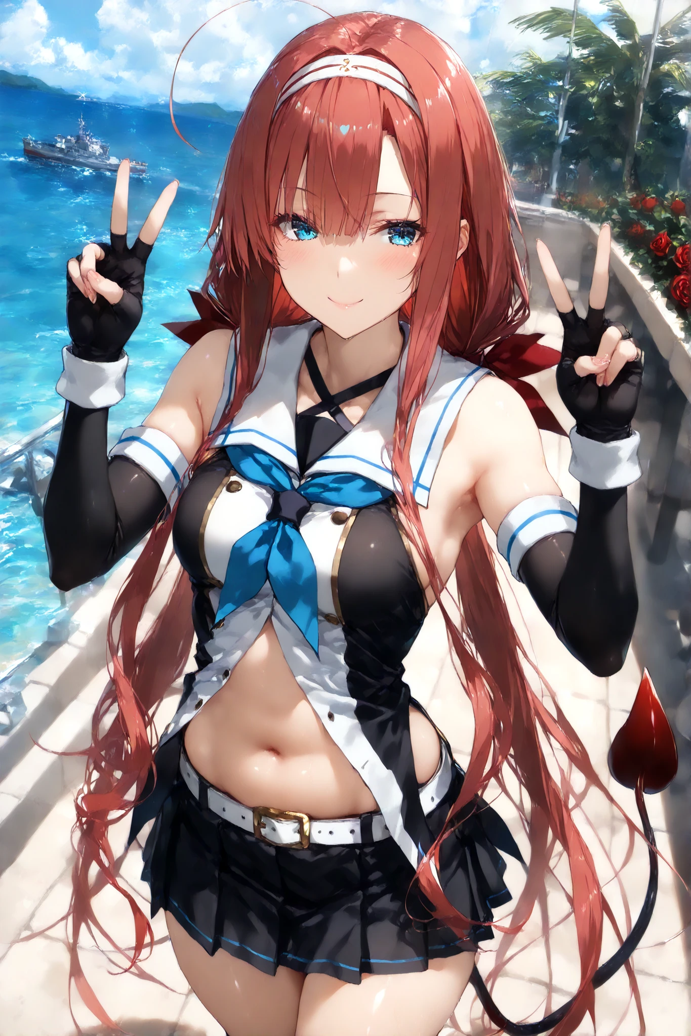 Kawakaze - Kantai Collection
score_9, score_8_up, score_7_up, score_6_up, score_5_up, score_4_up, Deep Skin , radiant skin, skindentation, , anime style that is close to the face and chest, (shining eyes, A more beautiful face), (of the best quality, masterpiece, 8k:1.2), Super Detail, high image quality, (anime:1.2), 1 girl, solo, 1 girl, detailed background, ,full body, slender body, Slim waist, nsfw, detailed background, Shiny Skin, , Kawakaze, long hair, red hair, blue eyes, stupid hair, rose tail, very long hair, white hairband, red_hair_ribbon, monochrome sleeveless shirt, Fingerless Gloves, Black Elbow Gloves, White Belt, blue neckerchief, stomach, belly button, black skirt, cowboy shot, look at people watching, outdoor, smile, peace sign, From the above, Across the Ocean, five fingers