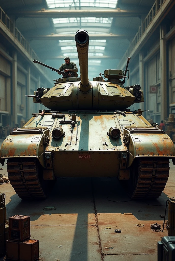 generate an image depicting a scene where a destroyed tank is being loaded onto a recovery truck and being taken to a factory and out of the factory comes a car. make the scene a little very chaotic, like a region just behind the frontlines. make the look worn out abandoned for a long time