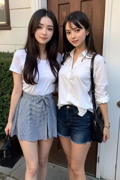 the Extremely Detailed CG Unity 8K Wallpapers、top-quality、ultra-detailliert、​masterpiece、realisitic、Photo Real、Two very detailed cute girls、20yr old、(skirt rift)、(skirt lift by yourself))、white  panties、panties focus、red blush、cparted lips、looking at the viewers、Semi-body shot、Wearing a ruffled shirt、Large crowds、Crowded city、