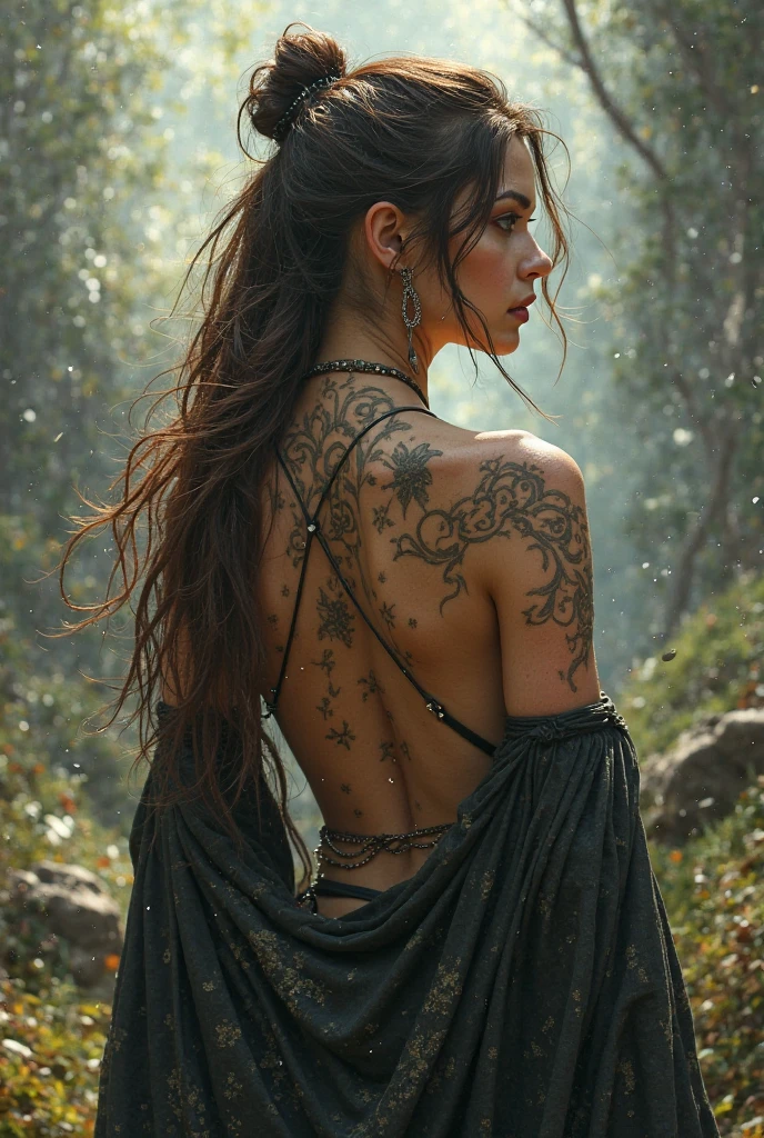 create a woman on all fours with a neosigilism tattoo on her back