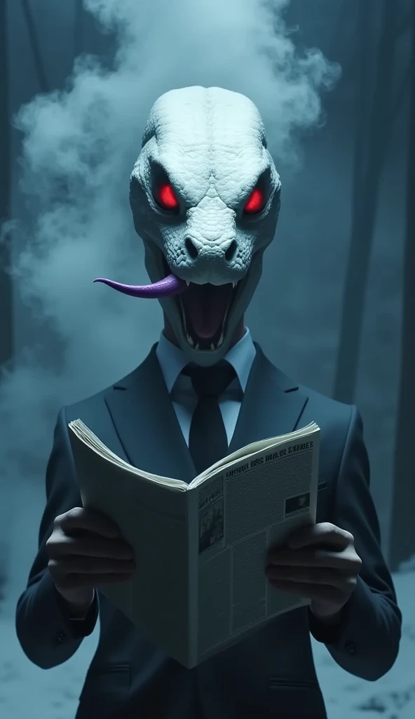 eerie white snake head, Red eyes , Smoke comes out of the snow, A scene where a man in a suit with his purple tongue sticking out. opens a newspaper and has a scary atmosphere. 4K, Highest quality, hyperrealistic, Professional Level, vivid color style image. dark atmosphere, dreary background, Shadow effect, cool color palette.