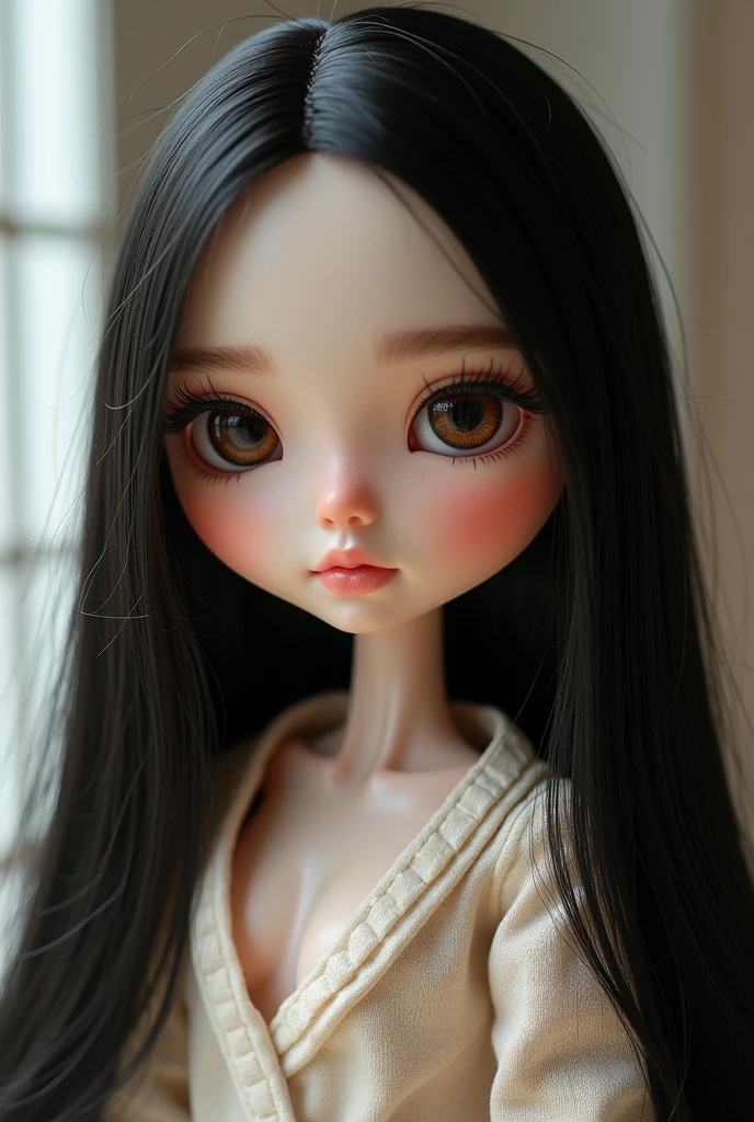 blythe Doll con side bang, dark eyes, brunette, straight black shoulder length hair
