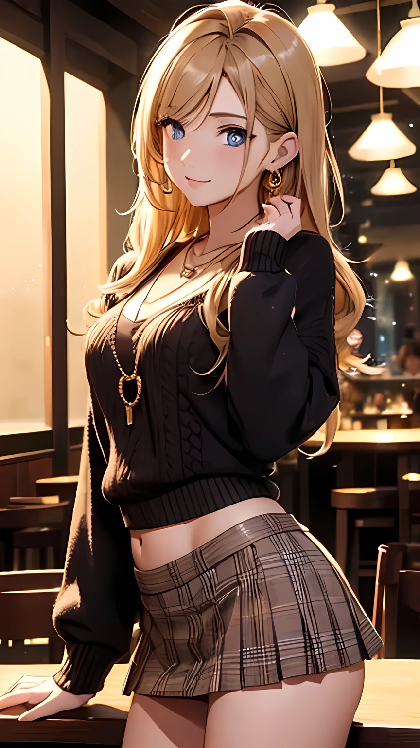 masterpiece, ultra high definition 、 of the best quality 、 Poses 、 Dim Night Bar Background 、 blondes、 I tie my hair at the back :1.2, blue eyes, smile、 tilt your neck 、 large gold earrings and necklace :1.5,、 Model Walks 、 with Sparkling Flowers 、 thin thighs 、 cowboy shooting from 16318、brown.plaid low rise mini skirt bikini、sweaters:1.5、brown striped pantyhose
