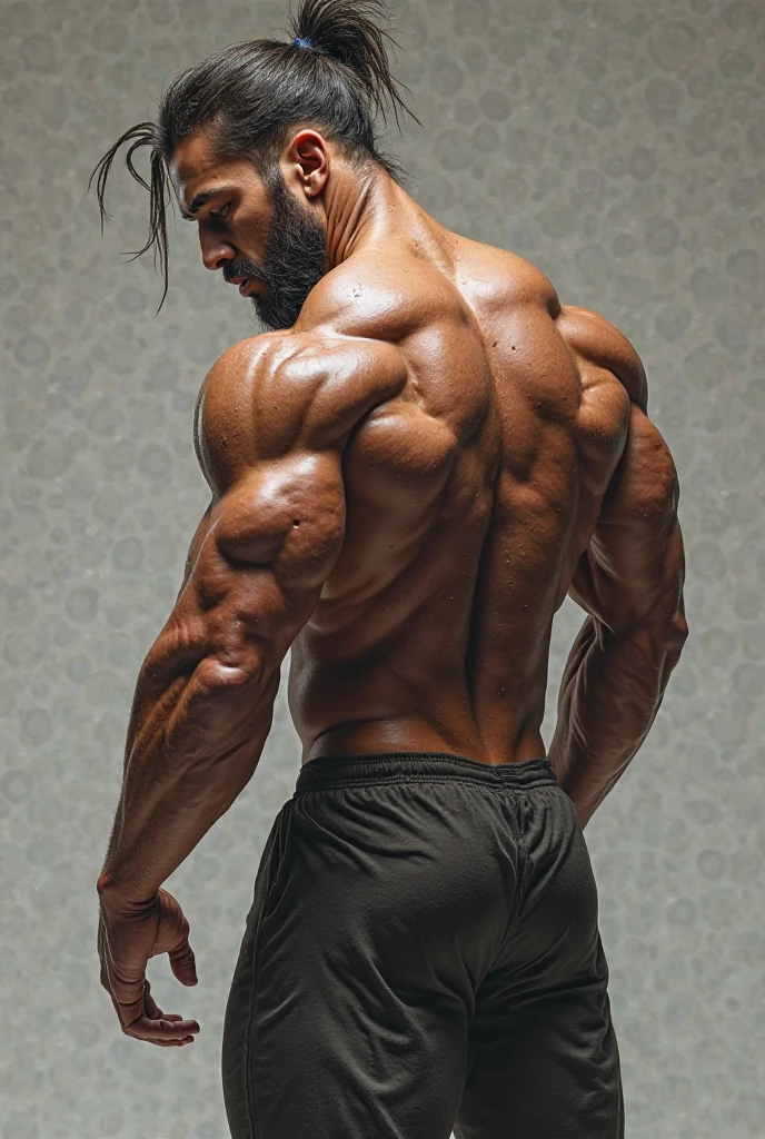 (back view:1.4), fat face, (inside bedroom:1.2), Japanese man, Chinese man, Korean man, Taiwanese man, manly face, (round face:1.4), (monolid eyes:1.2), (buzz cut:1.4), very large and strong body, bulky body, beefy muscles, (bulging muscles:1.4), (very large pectoral muscles:1.4), (muscular arms:1.4), muscular abs, muscular legs, muscular back, brightens oily skin, master piece, realistic, panorama, distant view