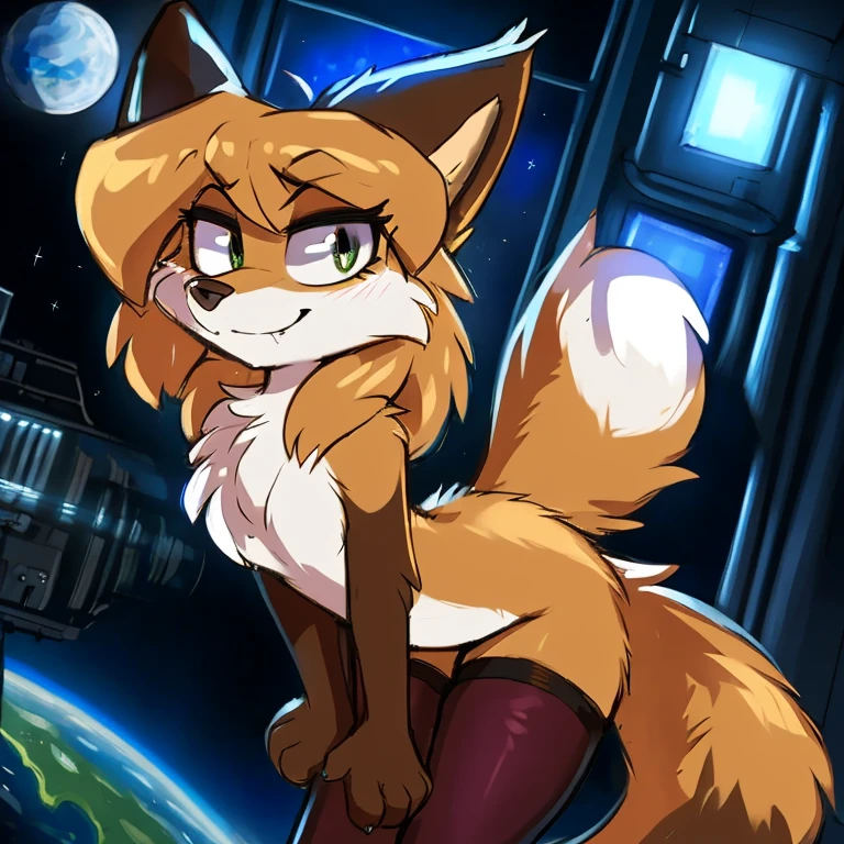 Nervous smiling, uploaded the e621, space background, in space, floating in space, beautiful and detailed, woman (((female))) ((anthro)) Fox, (Averi, Fox girl), cinematic lighting, Fox, (anthro, fluffy fur, character focus:1.1), 1girl, anthro fox girl, body fur, curvy, sexy, nice, cute, hot, comfortable anime-style cartoon-style, digital drawing, fully open eyes, green eyes, SFW, flat chest, speech bubble, multiple speech bubbles, mid air, leaning backwards, looking happy, waving, legs up, floating mid air, floating, flying