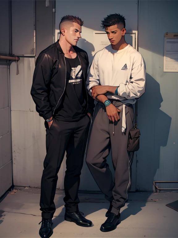 2 handsome, tall, slim men with black hair. The 1st man is shirtless, wearing micro shorts, white long socks with 2 blue stripes, and white Air Force ones. The 2nd man is shirtless, wearing white micro shorts, black long socks with 2 white stripes, and black Air Jordans. Both looking at the viewer.