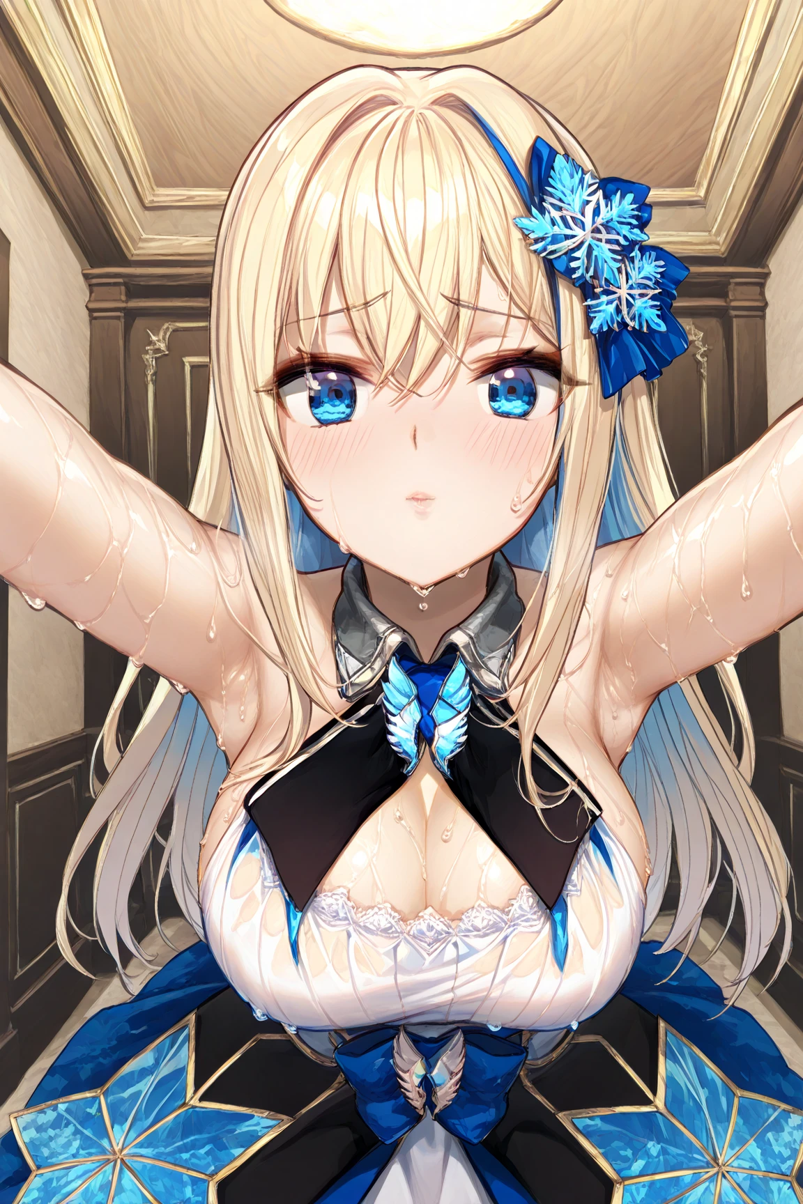 (masterpiece, best quality:1.2), 1 Girl, Solitary, blond, Blue hair band, 左边是Blue hair band, White bra, Black gloves, knight skirt, Smile, Solid color background
