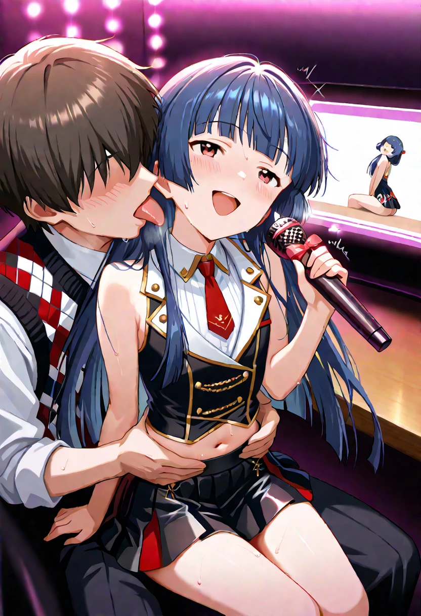 nsfw,(super fine illustration,8K CG wallpaper,best quality,extremely detailed,ultra high res,best aesthetic),(cowboy shot,from front),idolmaster, {{{haruna Kamijo}}}, (20yo, beautiful girl), (beautiful brown eyes),((((beautiful black hair)))), ((short hair)), (((bule rim glasses))), (wet hair), (wet skin), ((sweat)), ((steam)), (flat chests,midium breasts), (tall), (slender), (((bule cyber suit))), ((((see-through))),((open clothes)), ((pubic black hair:1.5)), ((((on the stage)))), ((((spread legs)))),((spread pussy:1.5)),(open mouths), (a big smile), ((stick out tongue)),(feel good), (one eye closed),((arms behind the back)),((((headset)))),(bukkake, cum on body:1.5),(bukkake, cum on face:1.1),((bukkake, cum on hair:1.2),(ecstacy),((((sex,cowgirl,pov)))),((cum shot)),{{crowd of mens onlookers}},public view,