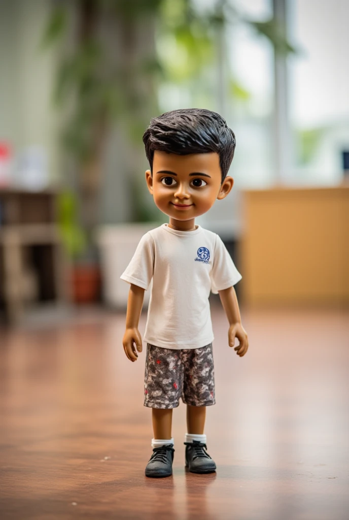 guttonerdvision3, a 3-year-old boy wearing glasses, light brown skin, skin details, smiling, wearing social clothing and tie. Television news scenario. Chibi style drawing, detailed, unreal engine, background blur, 8k