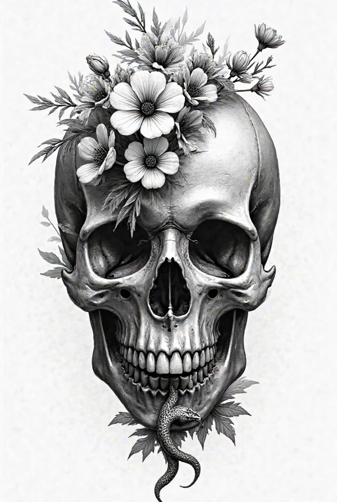Black and white tattoo. Skull face up. Magic mushrooms sprout from inside.