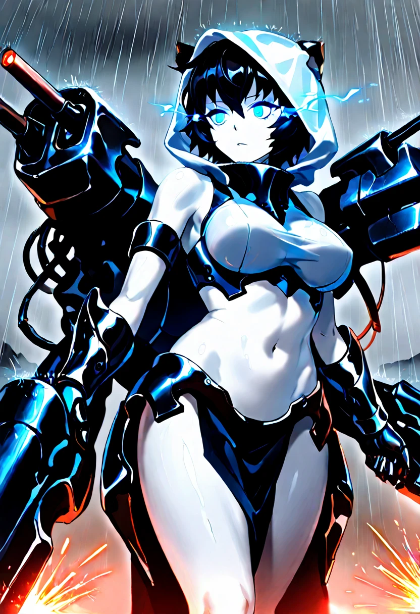 1 dark skinned girl, futuristic mech pilot, topless, no panties, huge breasts, mech pilot base, very fit, humanoid mecha in background, very sweaty, small waist with big bubble butt