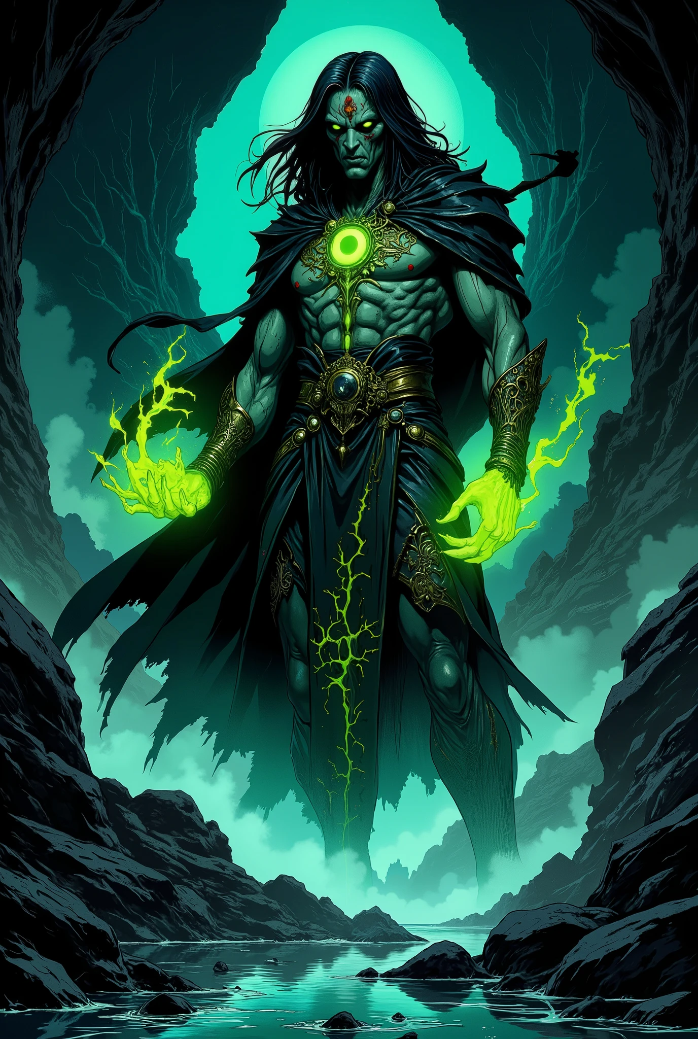 Dark Fantasy, 8k, Masterpiece, fantasy art style . belongs to, God of the Underworld, tall man (35-45 years old ), with pale skin, bright green eyes, and a complex, pattern burned on his face, hieroglyphic. His thick black hair develops in the wind. He will be in a long black cape, decorated with shimmering, toxic green pattern, reminiscent of climbing plants. Руки belongs toа обуглены, like ash, but from them comes bright, green flame , pulsating with ominous light. white, faceless souls, like flickering lights, touch his body, swimming along the river, glowing with mystical blue light. The river flows through the rocky shores, where light barely breaks into the gloomy underground realm, A thin silk belt. The atmosphere is ominous, A dark , full of mystical horror. High-level detail, complex cape textures, skin , fire and water. Composition : belongs to в центре, the river in the foreground, rocky shores in the back, view from a slightly low point, подчеркивающий величие belongs toа. Lighting: dark, с акцентом на green flame и голубой свет реки, creating contrast and drama. best qualities, high resolution.