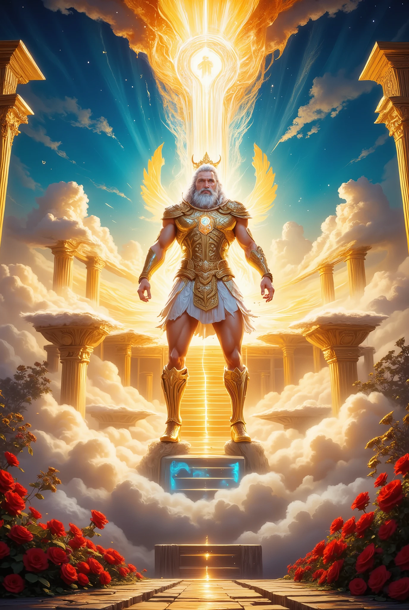 Zeus, the supreme god of Olympus, is depicted in full length, standing on one cloud, and with the other leg, on the golden staircase,, leading to the heavenly gate. His majestic appearance will be emphasized by his snow-white, thick , with sparkling hair, powerful muscular arms and with strong facial features. Лицо Zeusа выражает спокойную уверенность, eyes sparkle with bright gold light, filled with power and wisdom. He is wearing a short Greek tunic with gold patterns, through which bright blue lightning shines through, flowing through his body. The Golden Stairs, emitting a radiant fog, goes up to the gate to the Sky Garden, created from pure gold. Вокруг Zeusа, in soft focus, lush cumulus clouds hover, and in the foreground is a mix of gold and red roses. Свет падает на фигуру Zeusа, creating a dramatic effect , . Zeus's face emphasizes his divine nature. Color palette rich and bright: the deep blue sky, gold stairs and decorations, , red and golden shades of roses, soft white and gray cloud tones. Style — heroic fantasy, with elements of classicism and romanticism. high resolution, maximum level of detail, 8k, artstation trending, Greg Rutkowski, Boris Vallejo, cinematic lighting, HYPERREALISTIC, masterpiece, intricate details.
