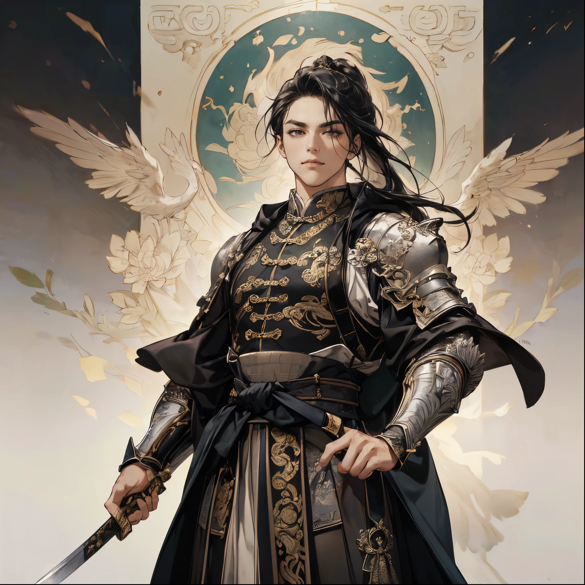 (of the best quality,4K,8k,high definition,masterpiece:1.2,Oil Painting Honoring Heroes:1.3),super detailed,(super fine illustration),(((An ancient Chinese man in armor holding a long sword))),Age 30,Heroes of the Three Kingdoms,handsome man:1.3,tall,Xiaoyan,Perfectly symmetrical face,Extremely Sexy Man ,detailed eyes:1.3, perfect eyes,The gaze is directed at the viewer:1.2,(( Attractive Dark Eyes :1.3)),((( long black hair perfectly set:1.3))),((fresh smile:1.2,Thin eyebrows,well-trained body:1.3,succulent)),cinematic lighting, soft shadows,((Ancient Chinese silver armor with engravings leading up to detailed works of art:1.3,large black cloak with gold embroidery made with 1 sheet of cloth:1.3,An ancient Chinese long straight sword drawn in detail:1.3,Hand holding a detailed sword grip:1.3,Acrobatic pause:1.3)),((cowboy shot:1.3)),((white background:1.3,simple background:1.3)),(( standing:1.3,depicted so as not to be able to see from the tip of the head to the waist:1.3,Distant view:1.2)),from below