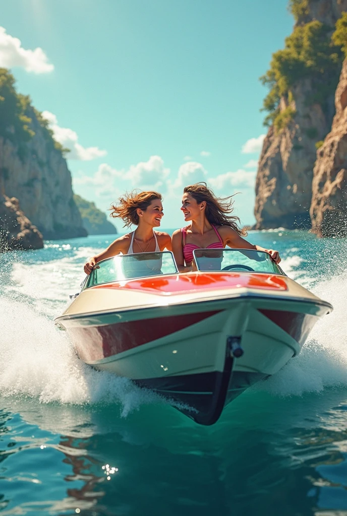 Create an image of two women in scandalous clothes driving a boat