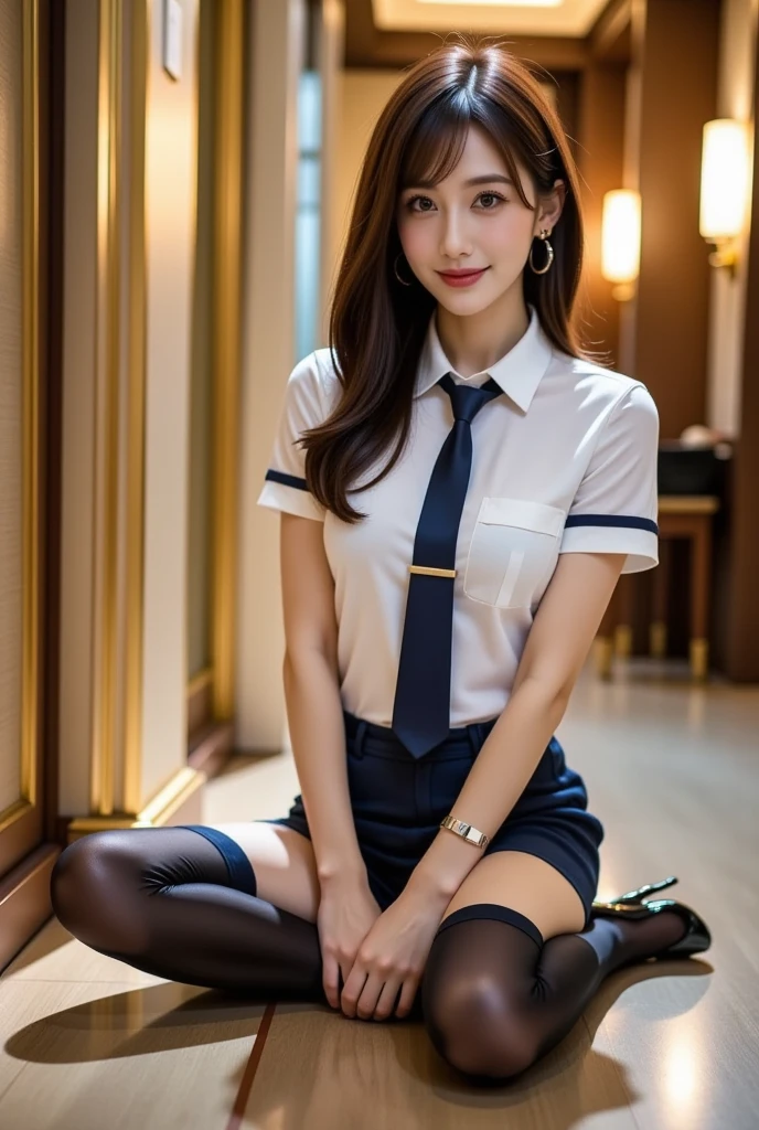 (8k), (highest quality: 1.2), (Realistic), (Realistic: 1.37), Ultra-high resolution, (1 girl), cute, blush,Embarrassed smile, Beautiful details, Beautiful Nose, straight Hair, Giant Dulcefo, pork, Thighs，Self Snap,University Uniforms,(A simple ノースリーブシャツ:1.4),(Pleated skirt:1.2),(The skirt and tie are tartan check pattern.:1.3),(Sitting:1), Sit on the chair,(Hold my feet:1),(Shiny pantyhose:1.2),from the front,knees