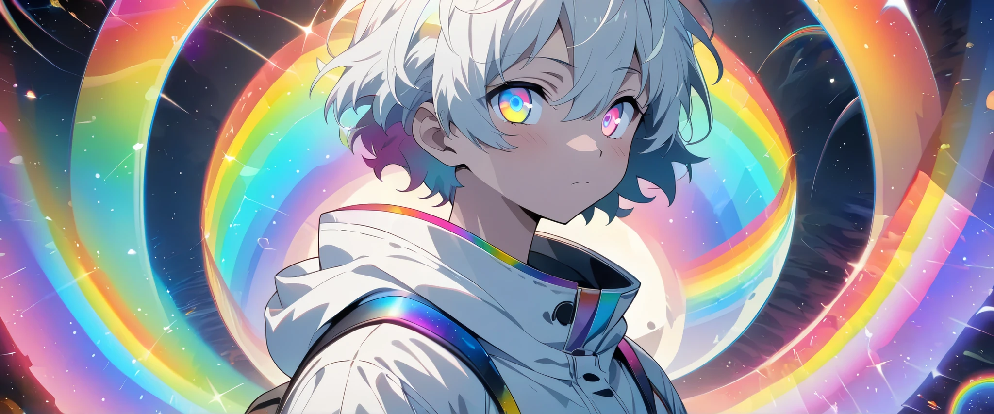 [(RAINBOW SPIRAL GALAXY BACKGROUND:1.3)], ((masterpiece)), high quality, ((solo)), ((younger boy)), (white color short hair), (rainbow color eye), bright skin, white parka, (upper body), ((anime style)), (clock rainbow effect:1.3),