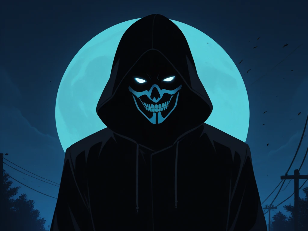 Create a masked anime-style character with a skull mask and a black haori