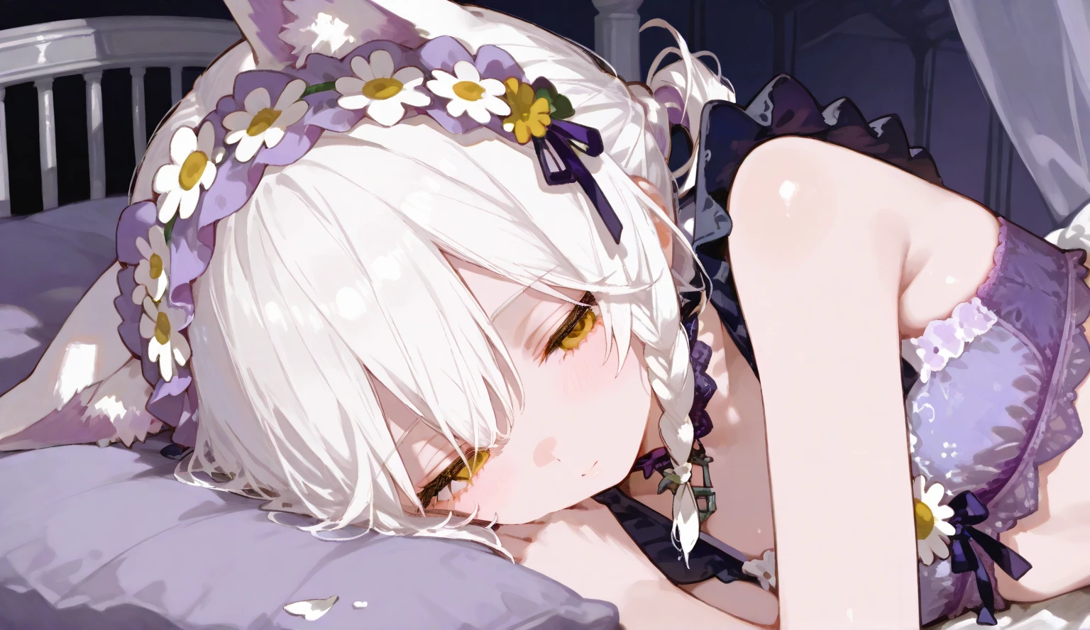 8k, High definition RAW color art, Animation, Silver Marble Skin, (((Ultra detailed elegant))), Magical atmosphere, Detailed skin, Texture,(Intricately detailed, Fine detail, ultra-detail art), depth of fields, Silky Touch, Hyper Detail, (pastel purple), beautiful eyes, elegant face, (nun), black pantie, looking here, roomlight, bum hanging out of your underwear, (face down), lying on the bed, fantasy, view from the side, pressed breast