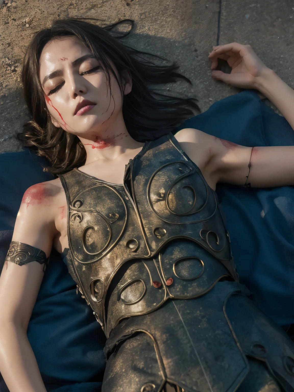 lying on the ground, Unconscious, eyes closed , underwear, Torn, is covered with scars Burned scars all over, Bleeding, Torn服, dirt, high definition, masterpiece, Bruises, Torn服, Disconnect, dirt, sweat
