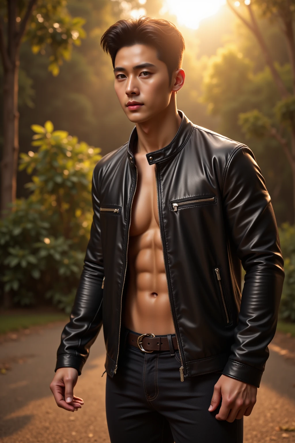 1人,A handsome 20-year-old man,Expose abs,Wear long pants,Wear leather shoes,Whole human body,gentlesoftlighting,masterpaintings,optimal quality,8K UHD,digital DSLR camera,filmgrain,Fujifilm XT3 Realistic painting art,Written by Midjourney and Greg Rutkowski