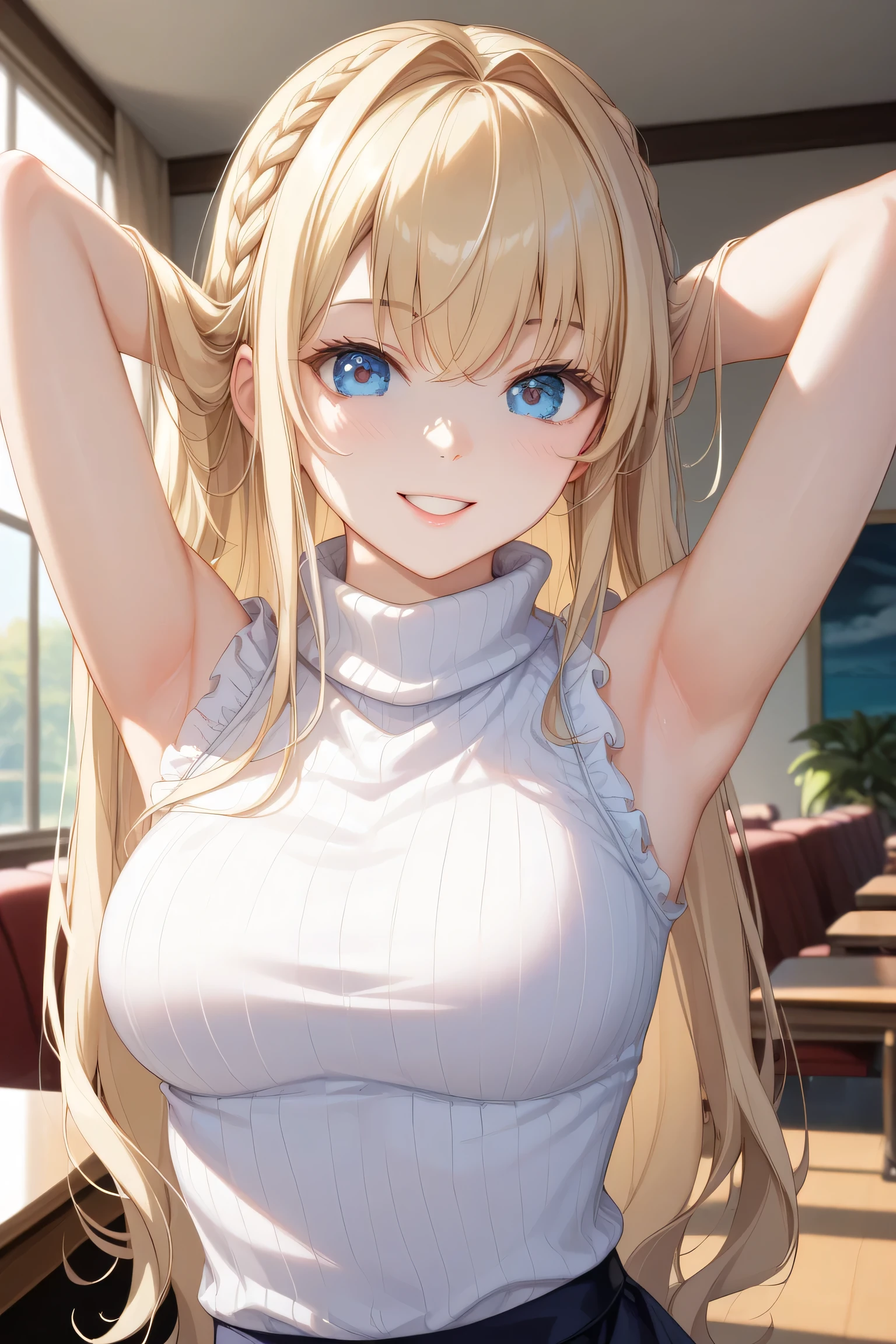 bright look、 photorealism、 highest quality、 Super high resolution、 picture、 Photo of an exquisitely beautiful Scandinavian girl、 extraordinary beautiful girl、 cute and beautiful face details、(Pueros face_v1:0.008)、beautiful bangs、 Alice in wonderland、18-year-old、Shining white skin、 hair run that extends to the face、 bangs between the eyes、 super long hair、 Attractive light dark blonde super long straight silky hair、 thin hair、 Charming shining beautiful bright clear blue big eyes、 She wore a loose knit turtleneck sweater. 、eyeliner、 double eyelid、 very tiny bust1.3、 Braided Hair1.8、 healthy 、at cafe、 skinny-slender1.2、 Pose with arms raised so that both armpits are clearly visible、 natural angle photo、 A big smile2.0、