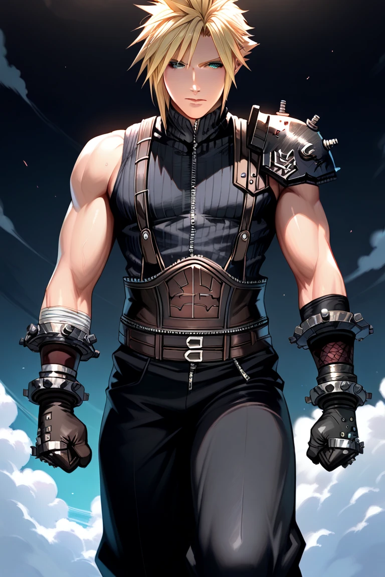 (anime) . Male (man ((Cloud Strife))), blue eyes, blond hair, black t-shirt, jean pant, in the space  . (Masterpiece: 1.8), (64k quality), (final fantasy artwork concept), detailed (manga eyes + hair + clothes + body + face + colors + shoulders + eyes (globular + transparent + liquid) + (sharper drawings) + (shiny jewelry) + (clothes folds) + (rounded eyes) + (consistent clothes) + (clothing features) + (eyes line), better (colorful + (coarser line) + (black line) + finishing . [Drawing] (Anime (Manga (Comics))) + (Coarse Line: 1.8) + (Black Line: 1.8) + (Color: 1.8) + (Clean: 1.8) + (Contrast: 1.8) + (Black Outline: 1.8) + (adjusted colors: 1.8) + (shadow set: 1.8) + (manga eyes: 1.8) + ((muscle: 1.8)) + ((bodybuilder: 1.8)), ((made homogeneous: 1.3))