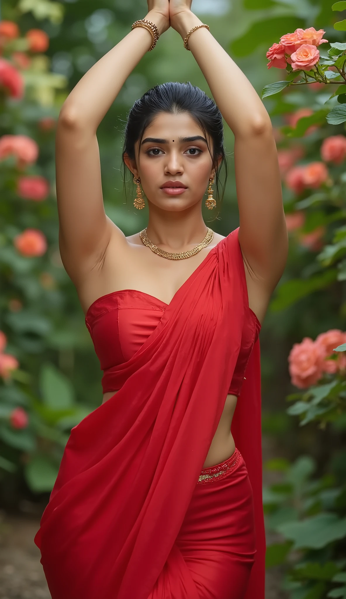 the image is a portrait of a young indian 25 years slim curvy newlywed woman her figure is curvy, sexy and erotic sensual. posing in a red strepless saree bra. she is wearing only strapless bra. remember the bra should be strapless only. she also wearing a gold necklace and earings. the woman has dark hair styled in bun and is looking directly at the camera with a sultry expression. her arms up above the head clasped together just prayer like gesture (namaste) and revealing her dusky hairy armpits. her body is so sensual she showing both her armpits. detailing in armpits. clean armpits, milky inderarms, sexy armpits,lusty armpits, kissable armpits. the background is garden with flowers, butterflies, and tress. the overall mood of image is sensual, erotic, sexy, lusty and elegant image must be taken by dslr 4k quality. high resolution, breast bulge.
