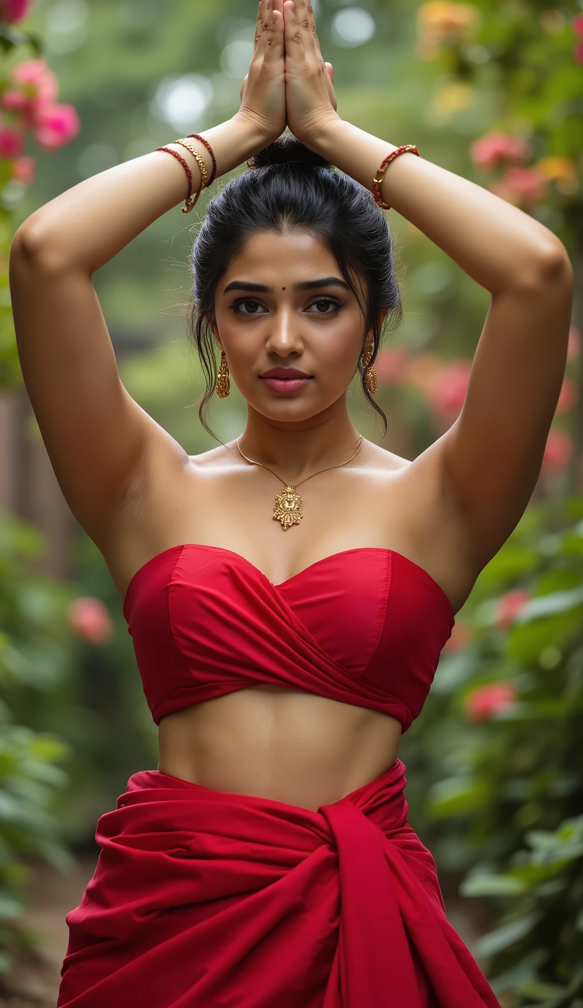 the image is a portrait of a young indian 25 years slim curvy newlywed woman her figure is curvy, sexy and erotic sensual. posing in a red strepless saree bra. she is wearing only strapless bra. remember the bra should be strapless only. she also wearing a gold necklace and earings. the woman has dark hair styled in bun and is looking directly at the camera with a sultry expression. her arms up above the head clasped together just prayer like gesture (namaste) and revealing her dusky hairy armpits. her body is so sensual she showing both her armpits. detailing in armpits. clean armpits, milky inderarms, sexy armpits,lusty armpits, kissable armpits. the background is garden with flowers, butterflies, and tress. the overall mood of image is sensual, erotic, sexy, lusty and elegant image must be taken by dslr 4k quality. high resolution, breast bulge.
