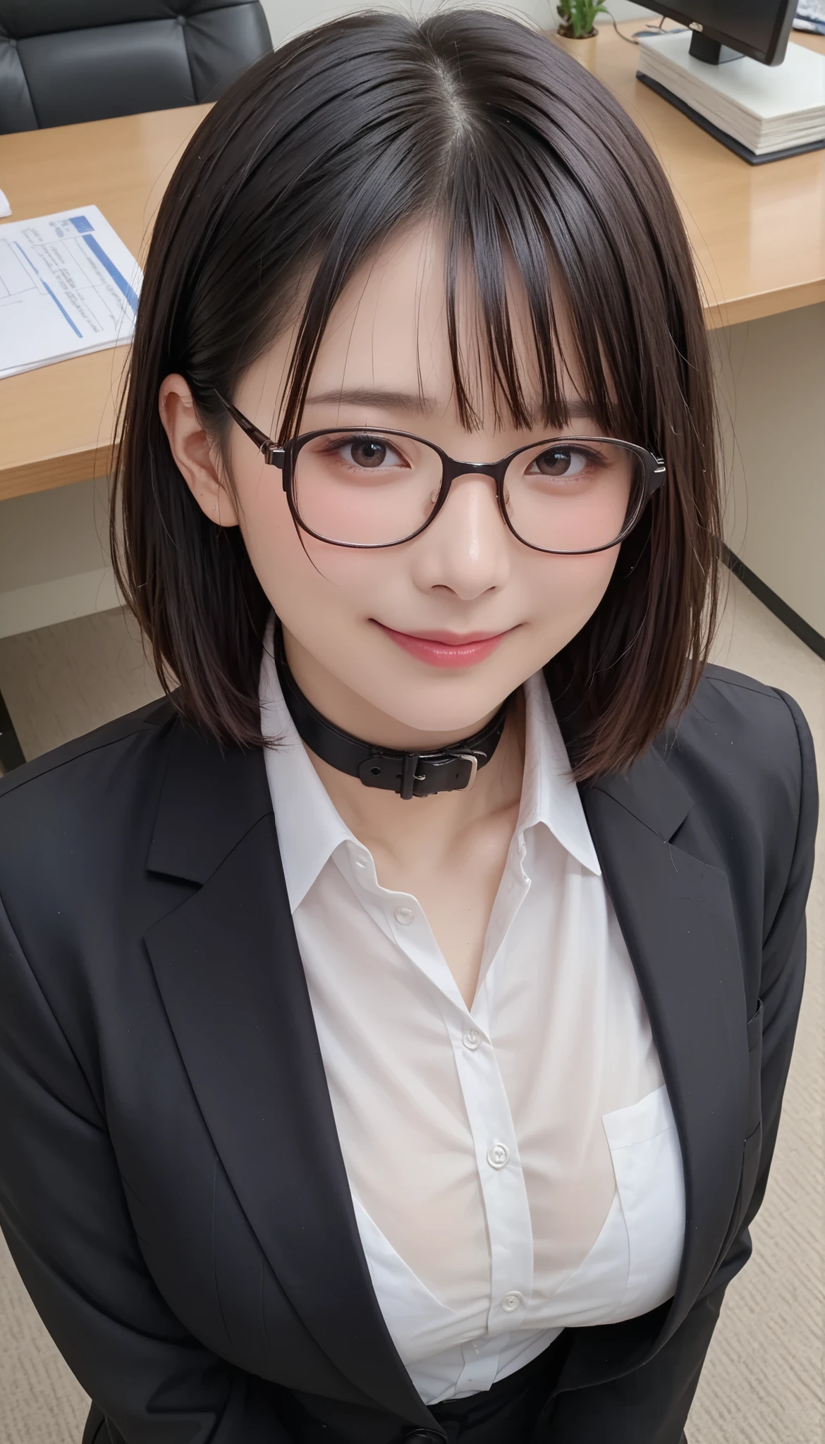score_9,score_8_up,score_7_up,ultra detailed,absolutely resolution, detailed beautiful face and eyes,hyper realistic,Japanese beautiful Young woman, black hair,medium hair,embarrassed Smile+be in heat,black rim glasses,perfect body,black collar,black Business suit, black jacket,White shirt,natural large breast,arms behind back,upper body,face focus,from above,Office room