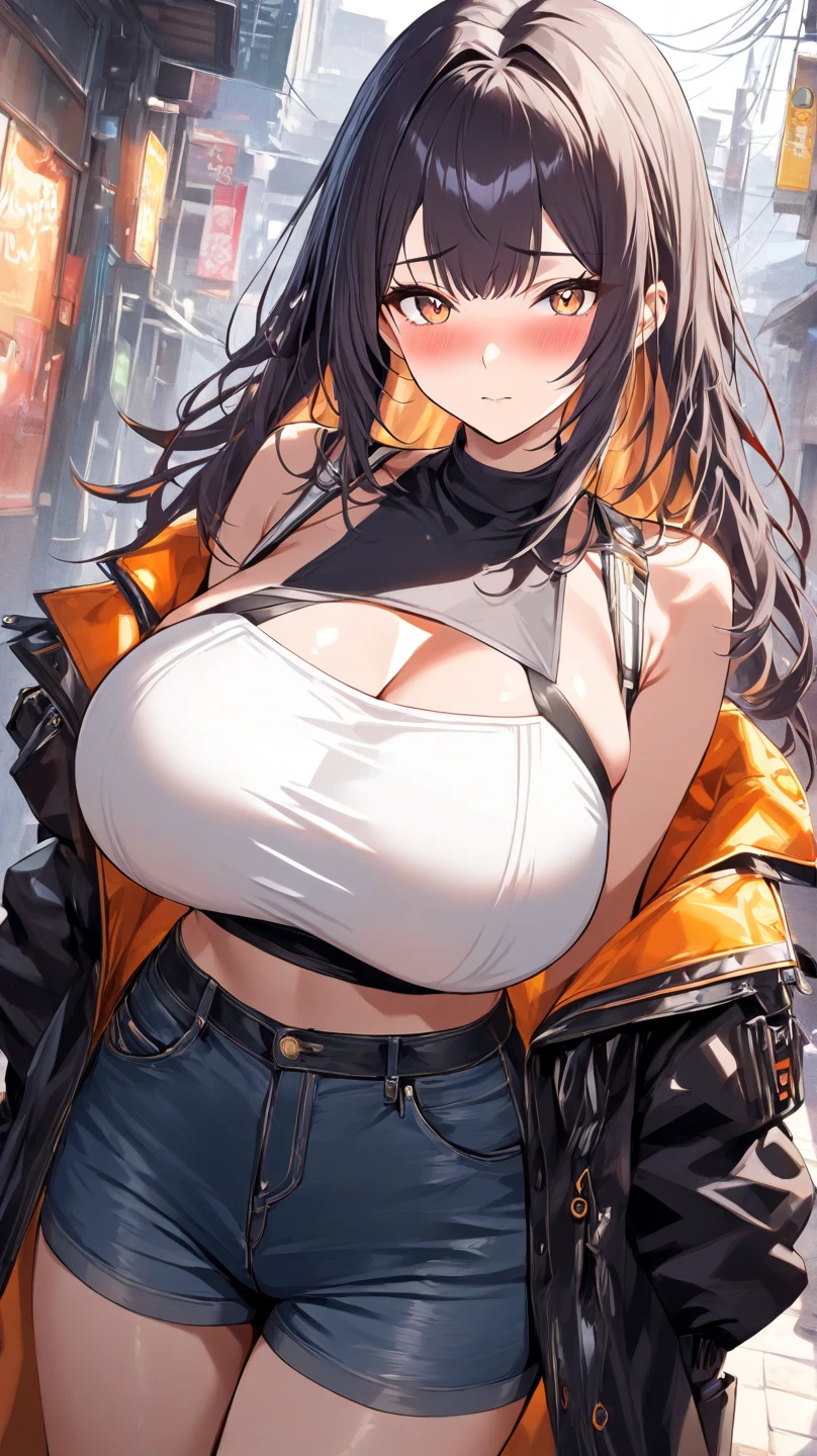 Masterpiece, high quality, ultra quality, best lighting, 1girl, ((tokisaki kurumi)), long hair, black hair, low twintails, monochrome, ((right red eye:1, left yellow eye:1)), , ((short jean)), ((big breast)), ((big thigh)), smile, blush, cute face, ((gesugao face)), standing, sexy body, sexy, tattooed full body, tattooed face, (((tattooed))),looking at viewer, large the breast, nsfw, (((mountain))), camel toe, กางเกงในสีขาว, โชว์กางเกงใน, โชว์หน้าอก,