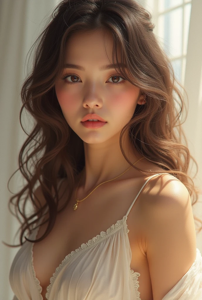 ( photorealism:1,2),beautiful woman, 18 year old measurements 90-60-100, curly hair, fine features, whithe skin