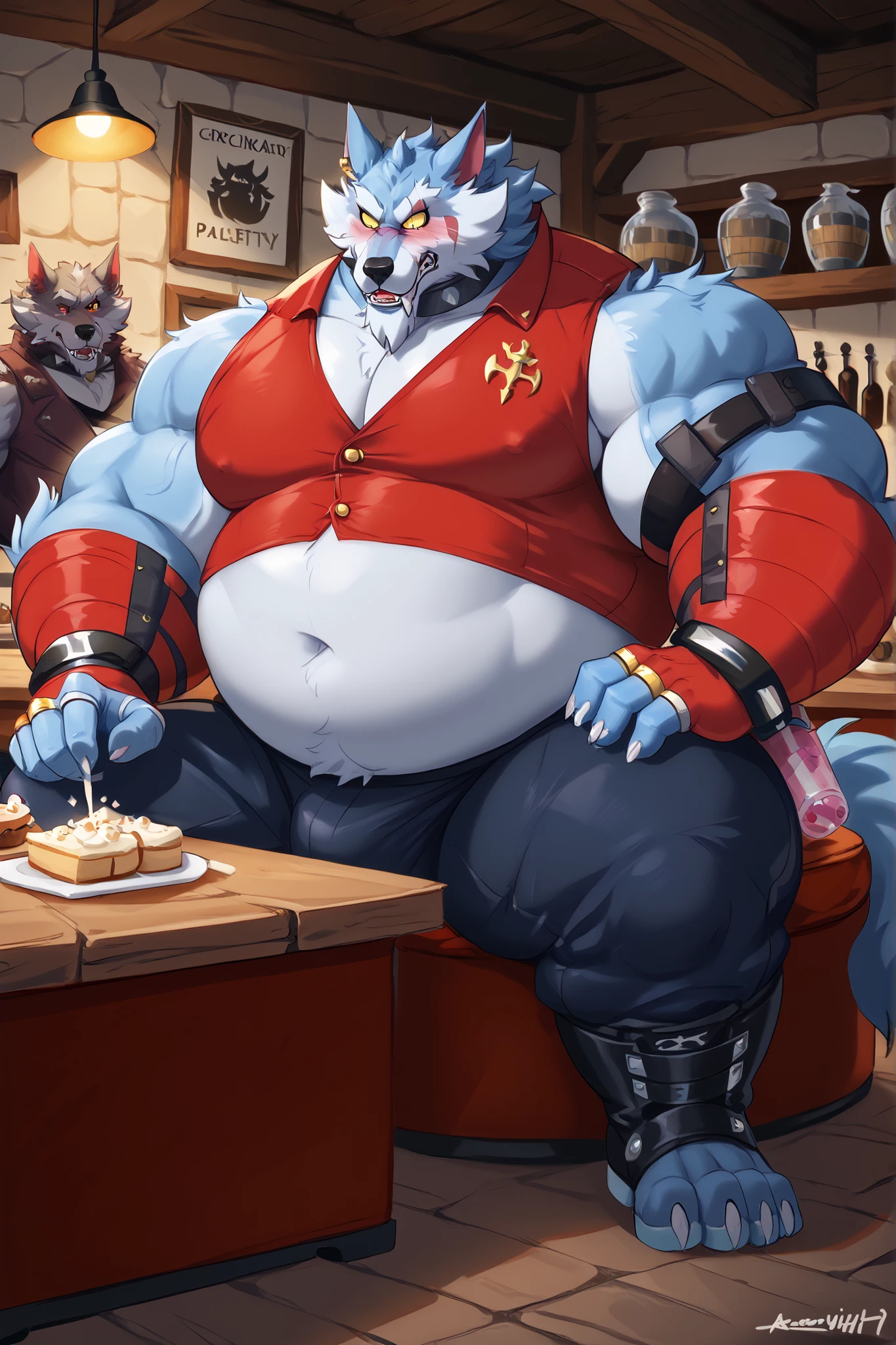 Freddy | (Dislyte),Furry male white werewolf, obese, massive belly, obese, chubby cheeks,red crop top, mercenary vest, mercenary pants, spiked bracelet, arm wraps, shoulder pad, fingerless gloves, tight clothes, button pop, embarrassed, sitting at a table in a Adventurer's Tavern ,high resolution, high quality,,Look at your belly,giant belly ,five fingers