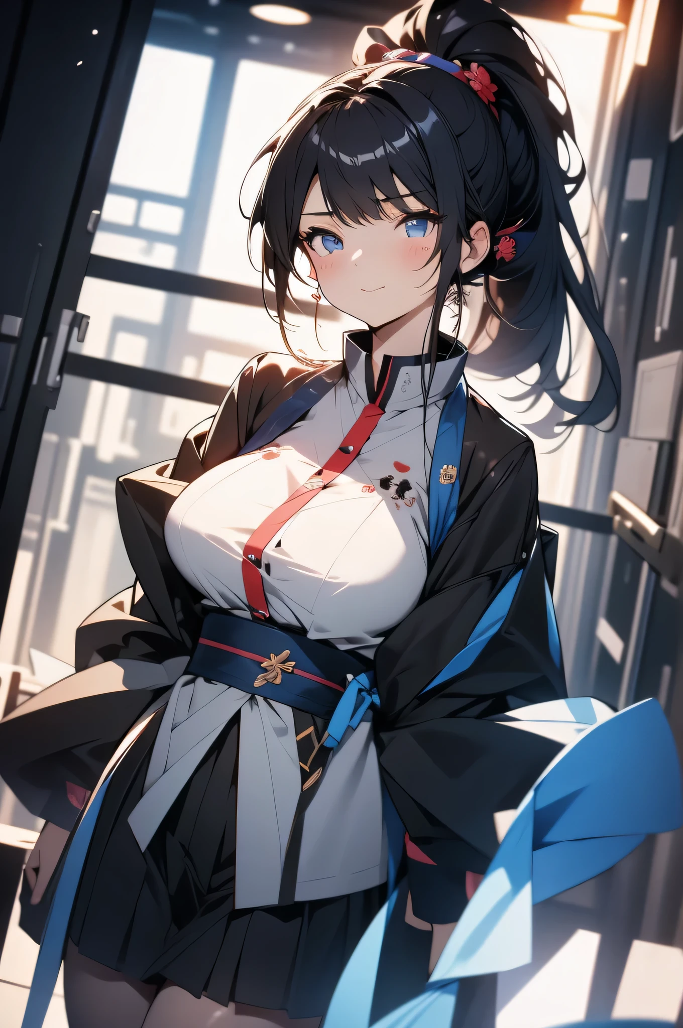 後放高ponytail1個女孩, high resolution, blush, Chest, Big breasts, ponytail, Blue Eyes, flirtatious expression, Mole under the eye, super wide angle,