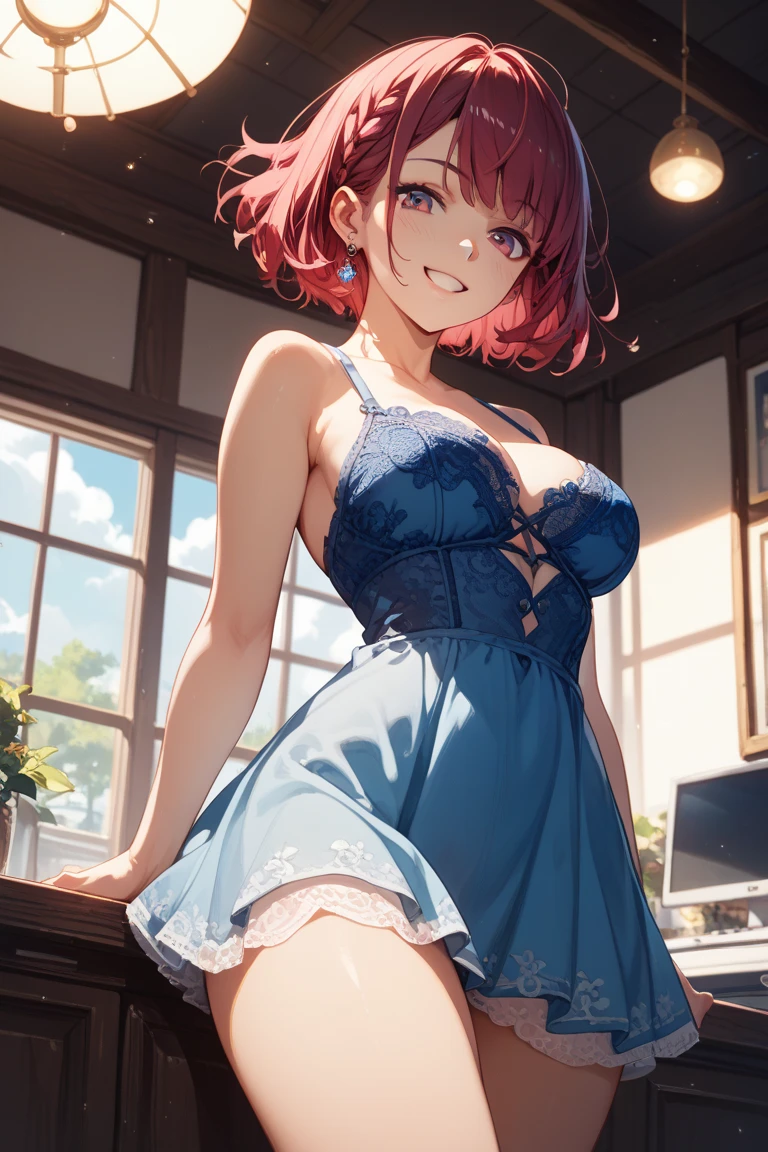 A beautiful and sexy peasant woman dress like a tavern wench, beautiful aquiline face detail, bright light eyes, full luscious lips, sexy eyeliner and eyeshadow, flirty smile, mischievous glint in her eye, detailed tiny perky cleavage, perfect legs, lithe body, wonderful and innocent energy, adventurous spirit, Lucious red hair, atmospheric fog, ambient light, rim light, a small medieval village, an overgrown forest,
sultry look, seductive