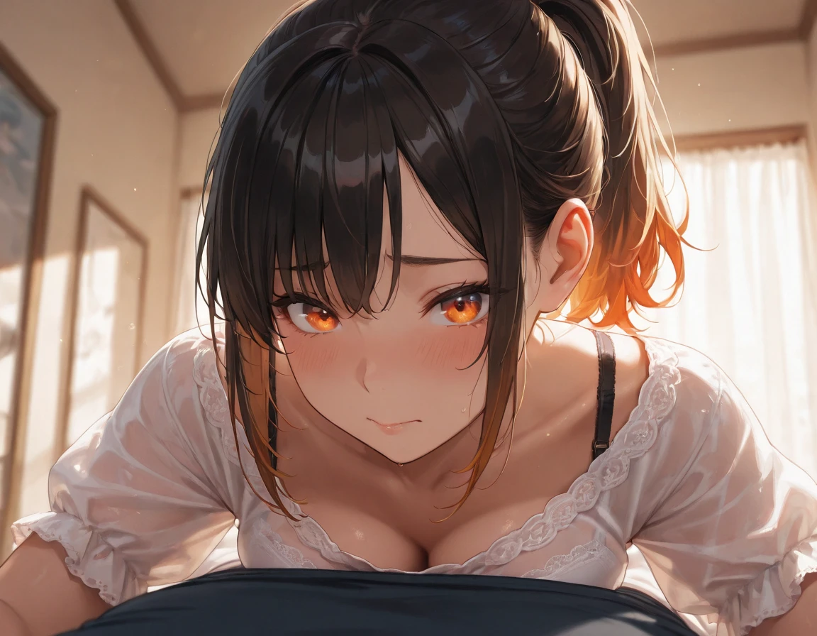 Amazing portrait of a sexy and cute girl with a short bob hairstyle and a seductive gaze who is blushing intensely with parted lips and is desperate and flustered and lustful wearing an off shoulder orange t shirt showcasing her bare shoulder while lying on bed