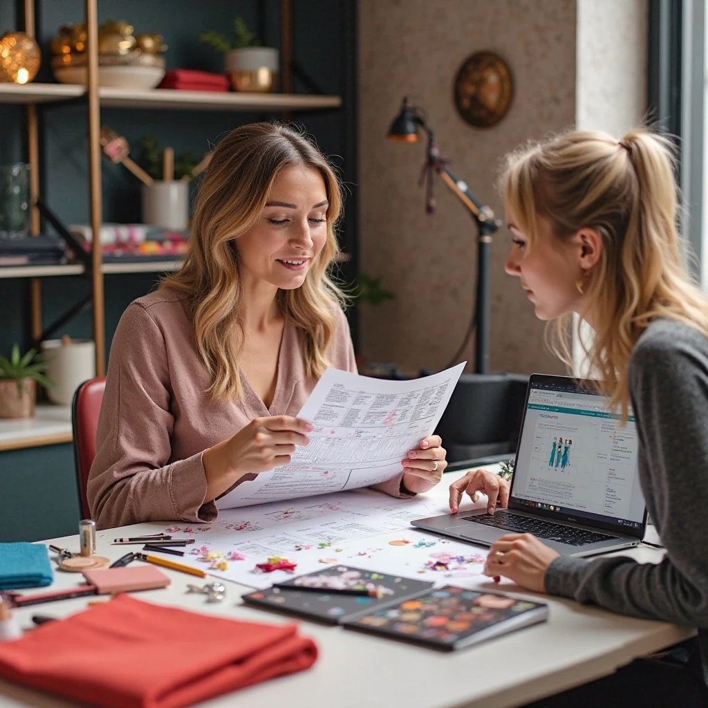 A realistic image of a personal image consultant planning her first “Color Day” event in a chic, well-decorated studio. She is reviewing a printed event plan, with colorful fabrics, makeup, and styling elements neatly arranged for the day. Nearby, she's discussing partnerships with another female professional (like a hairstylist or makeup artist). On her laptop screen, there’s a ChatGPT interface open, helping com ideias de conteúdo e organização. The space feels vibrant, professional, and collaborative — showing efficiency, creativity, and modern tools in action.