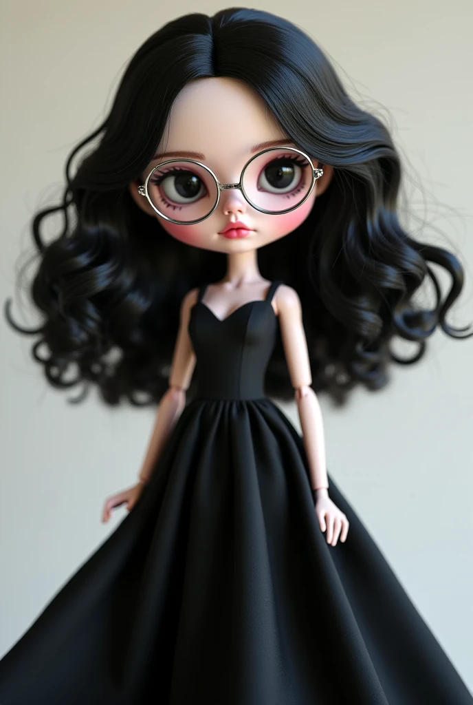 blythe doll with very short curly hair and black glasses