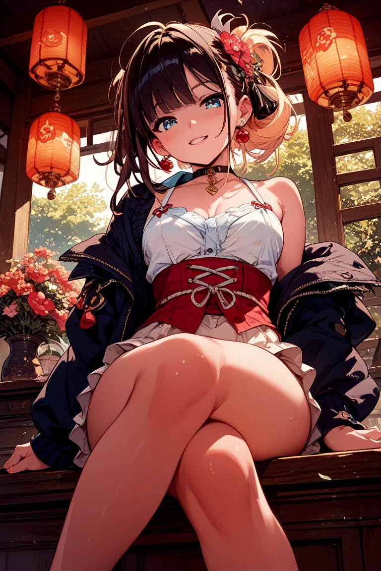 (masterpiece:1.2), flourishing details, volumetric lighting, best shadows, genshin impact, feet posing, black thigh high nylon, Exotic:((portrait of stunningly beautiful girl)), petite, delicately beautiful attractive face with alluring garnet red eyes, cute lovely perky peering breasts, revealing underboob tank top lift, fishnet underwear, unbuttoned jean booty shorts teasing waistline, dominant crossed legs, feet rested focus, ((nylon hole toes)), ((biting shirt lift)), sitting on window sill, a stimulating exhibitionist brat